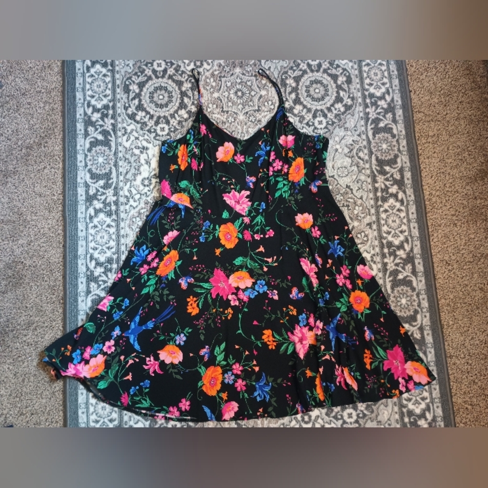 Old Navy Dark Floral Cami Skater Dress XXL Bird Butterfly Whimsical Fairy Travel